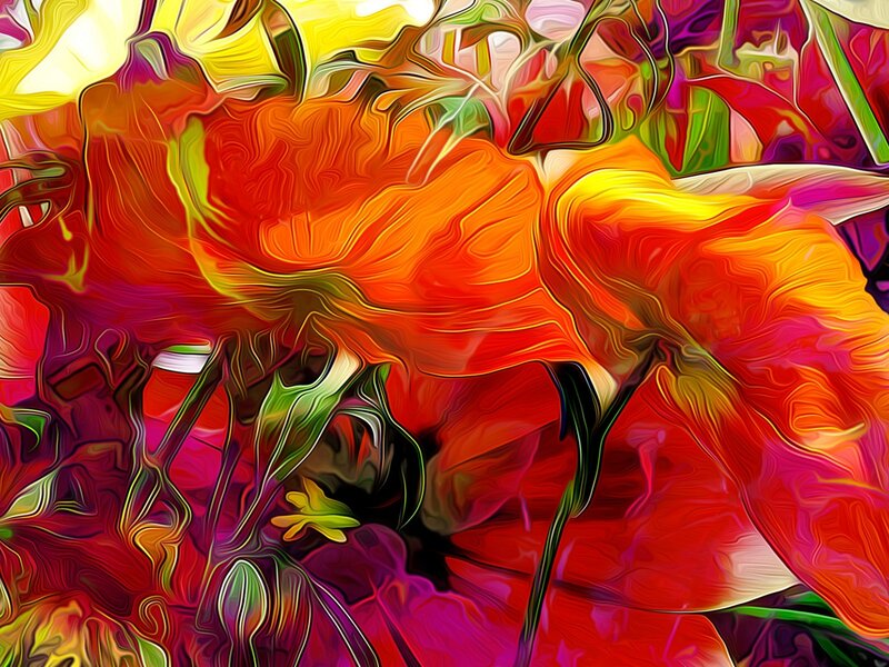 Abstract Floral Pattern — Red, Vibrant, Digital Art, Flowers, Leaves, Stems