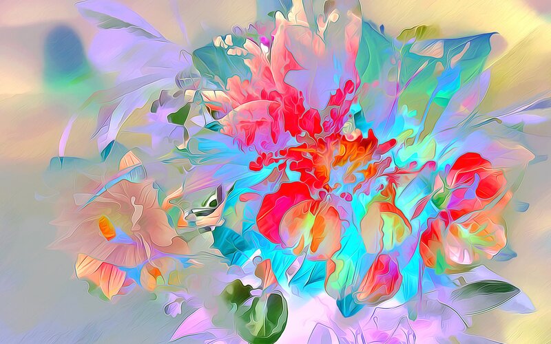 Abstract Floral Pattern — Red, Vibrant, Digital Art, Flowers, Leaves