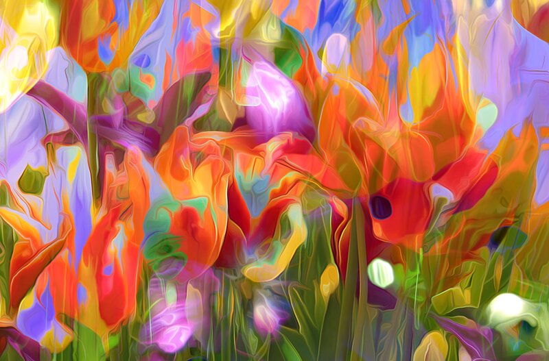 Abstract Floral Pattern — Red, Vibrant, Digital Art, Flowers, Stems, Leaves