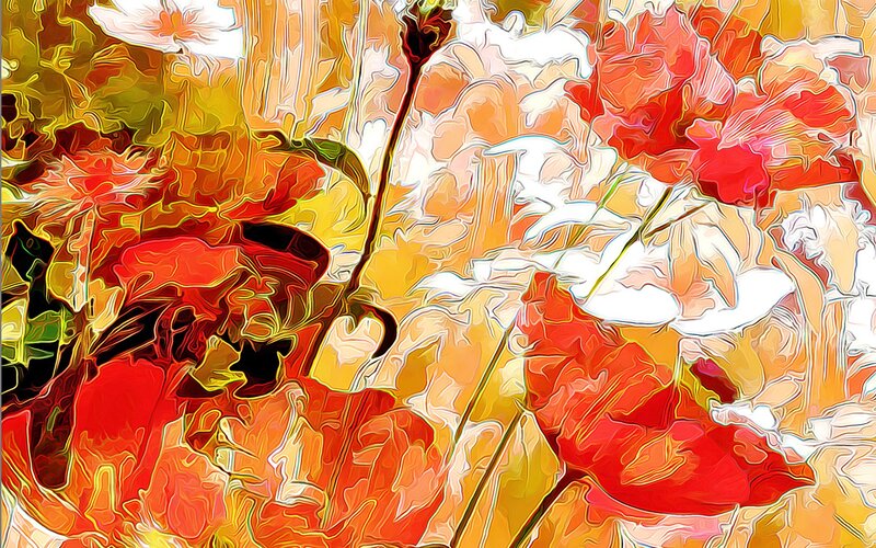 Abstract Floral Pattern — Red, Vibrant, Digital Art, Flowers, Stems