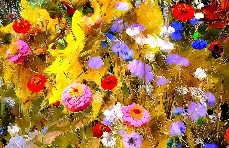 Abstract Floral Pattern — Yellow, Vibrant, Digital Art, Flowers, Leaves, Stems
