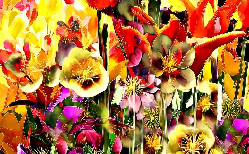 Abstract Floral Pattern — Yellow, Vibrant, Digital Art, Flowers, Stems