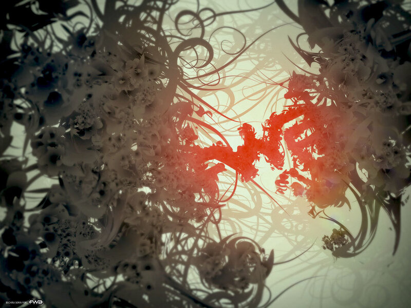 Abstract floral swirls with red glow