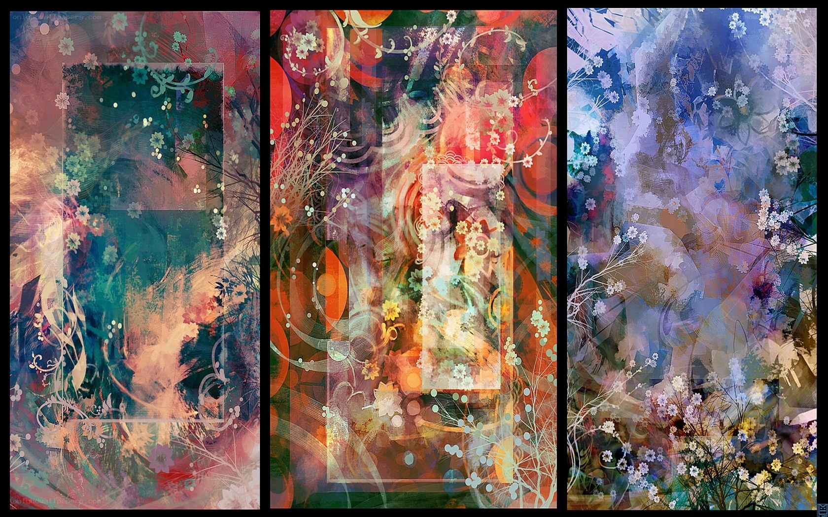 Abstract floral triptych art