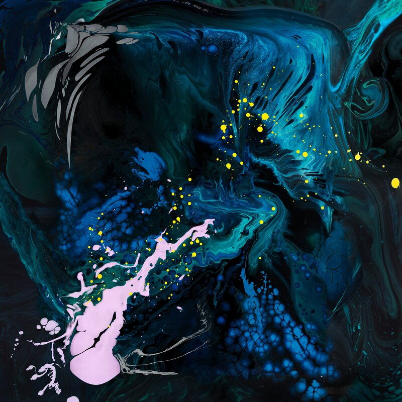 Abstract Fluid Art — Blue, Dynamic, Yellow Dots