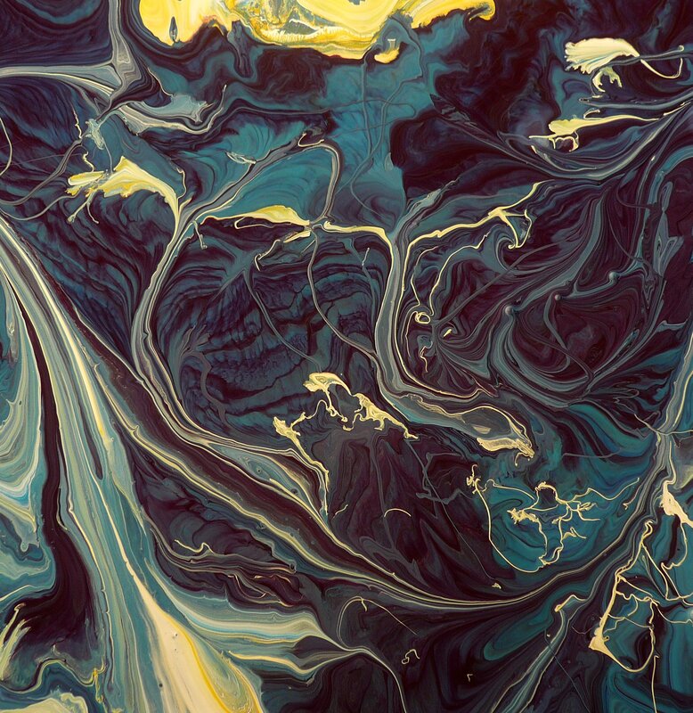 Abstract fluid art with gold and teal