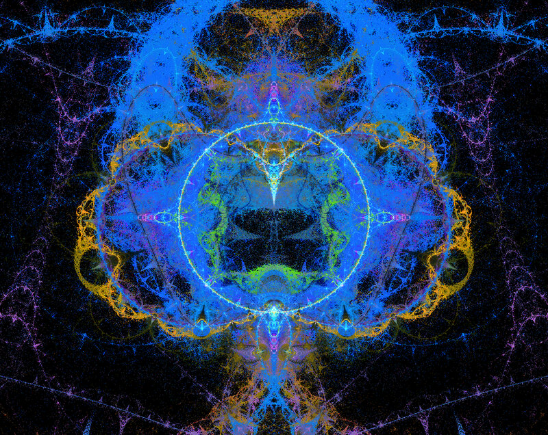 Abstract fractal art with blue and gold patterns