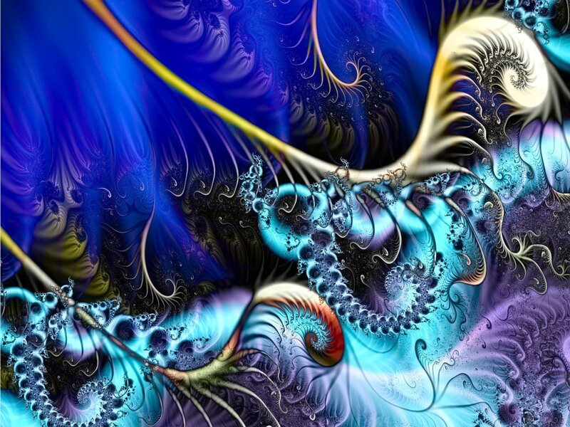 Abstract fractal art with blue and gold swirls