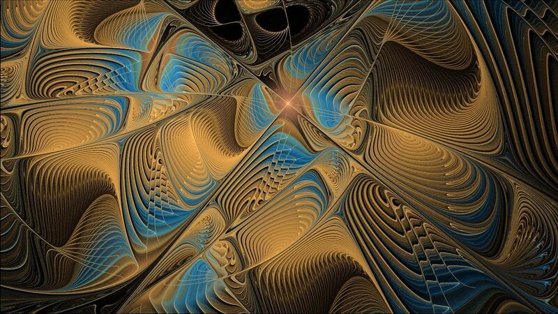 Abstract fractal art with blue and gold swirls