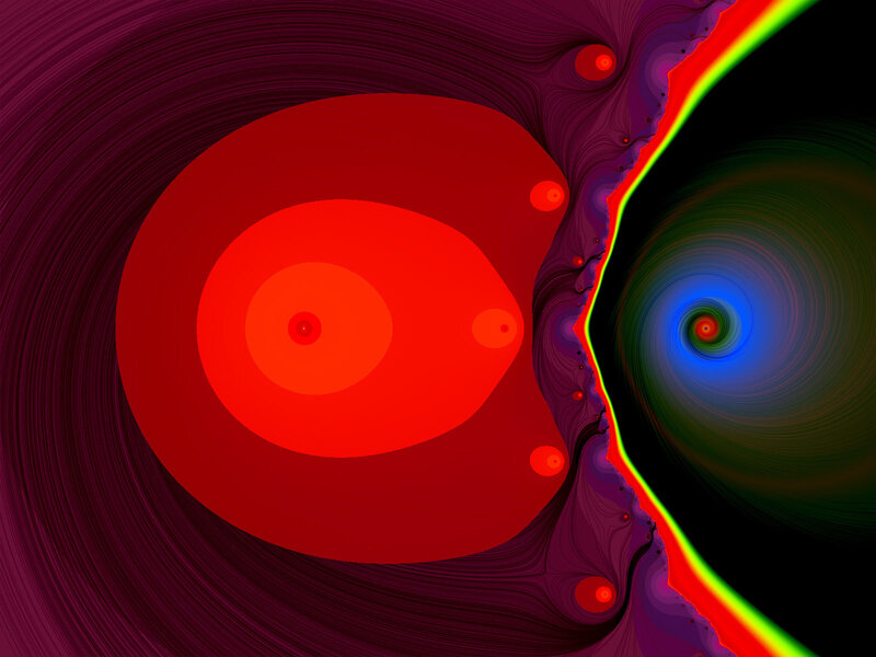 Abstract fractal art with red and blue spirals
