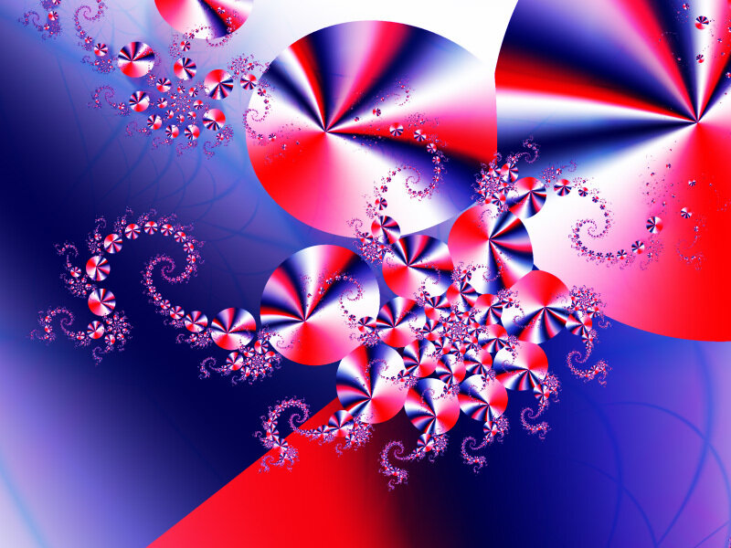 Abstract fractal art with red and blue spirals