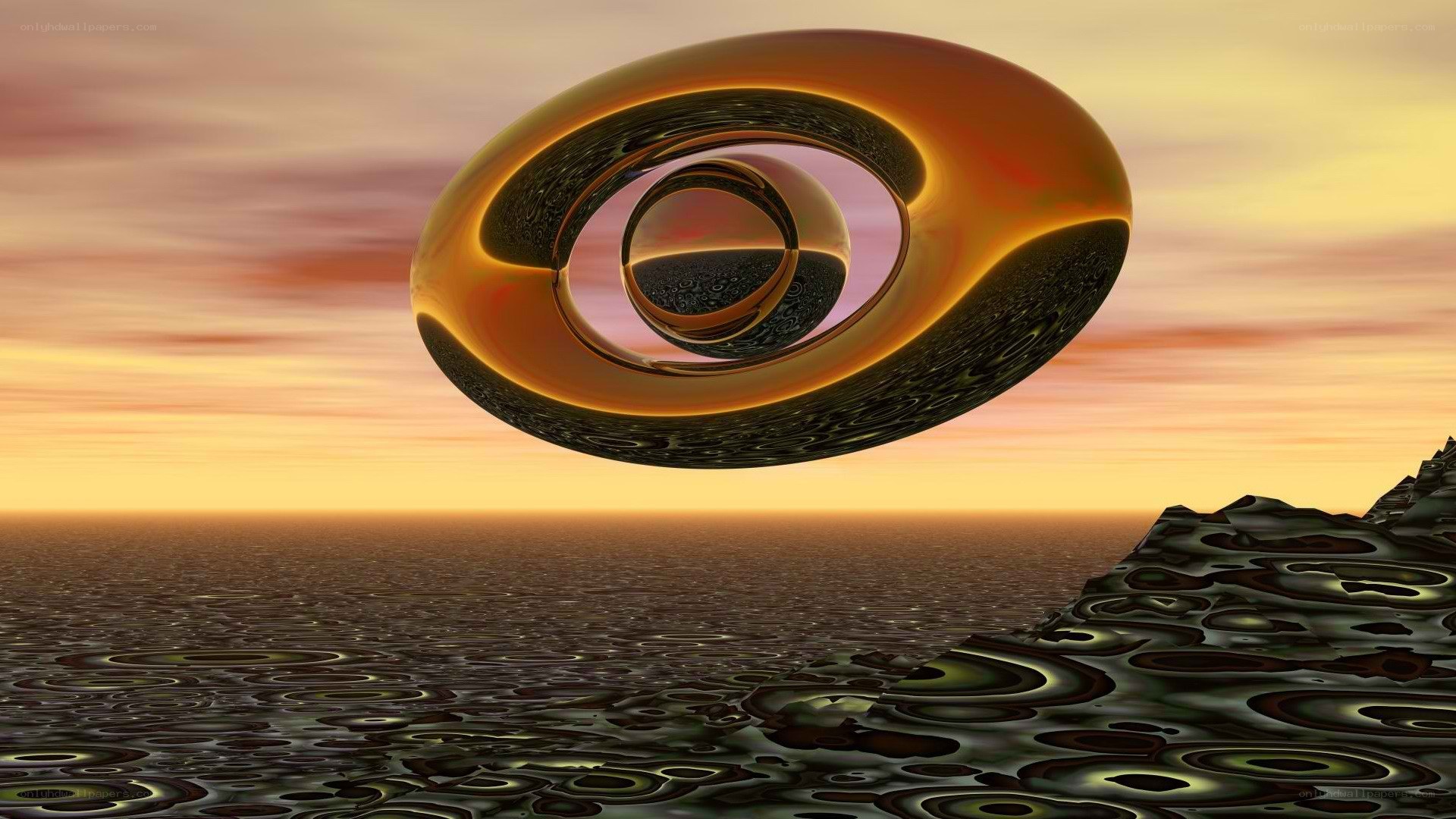 abstract fractal ring over alien landscape