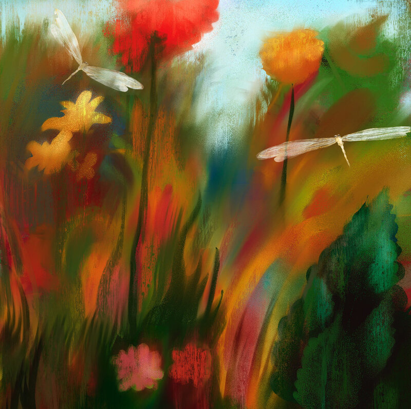 Abstract garden with dragonflies