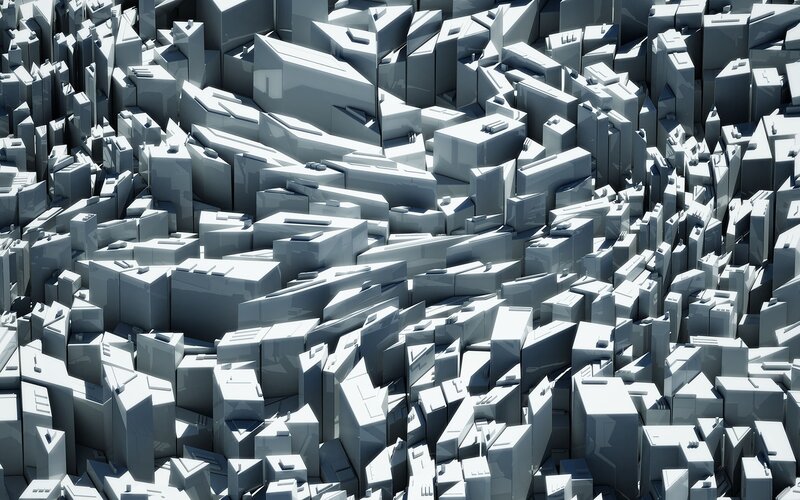 Abstract Geometric Cityscape — Gray, Dramatic, 3d Render, Buildings