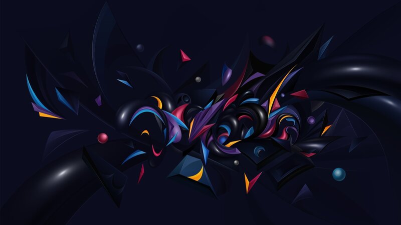 Abstract Geometric Shapes — Black, Dynamic, Digital Art, Spheres, Triangles, Curves