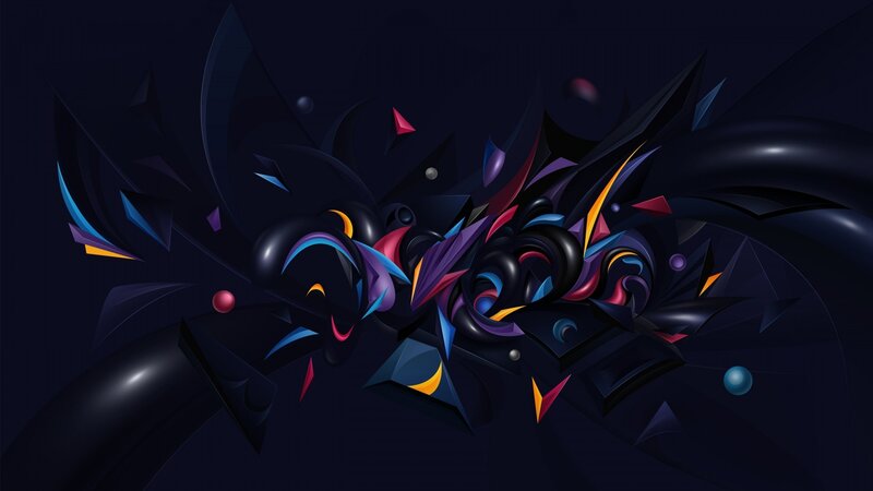 Abstract Geometric Shapes — Black, Dynamic, Digital Art, Spheres, Triangles