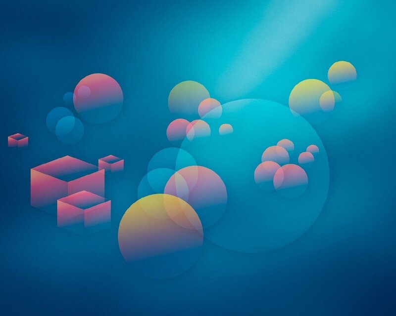 Abstract Geometric Shapes — Blue, Serene, Digital Art, Spheres, Cubes, Light Beam