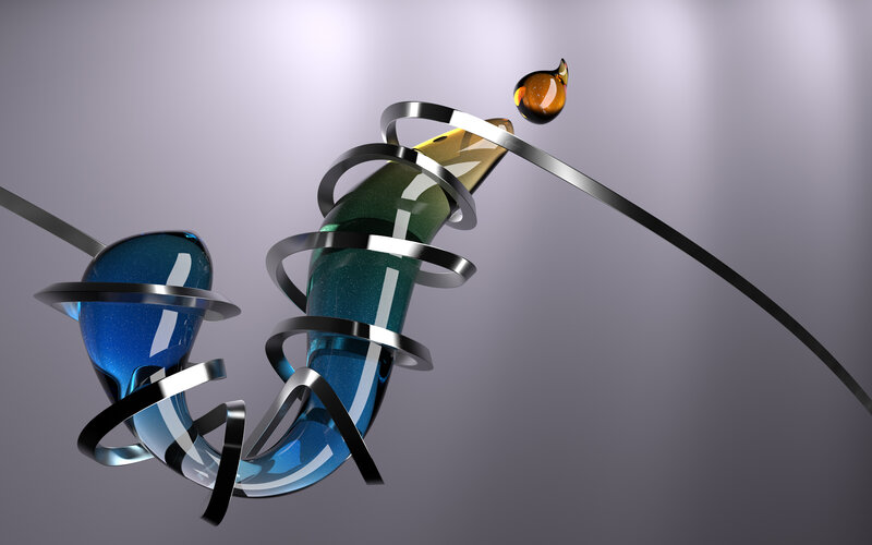 Abstract glass sculpture with metal rings