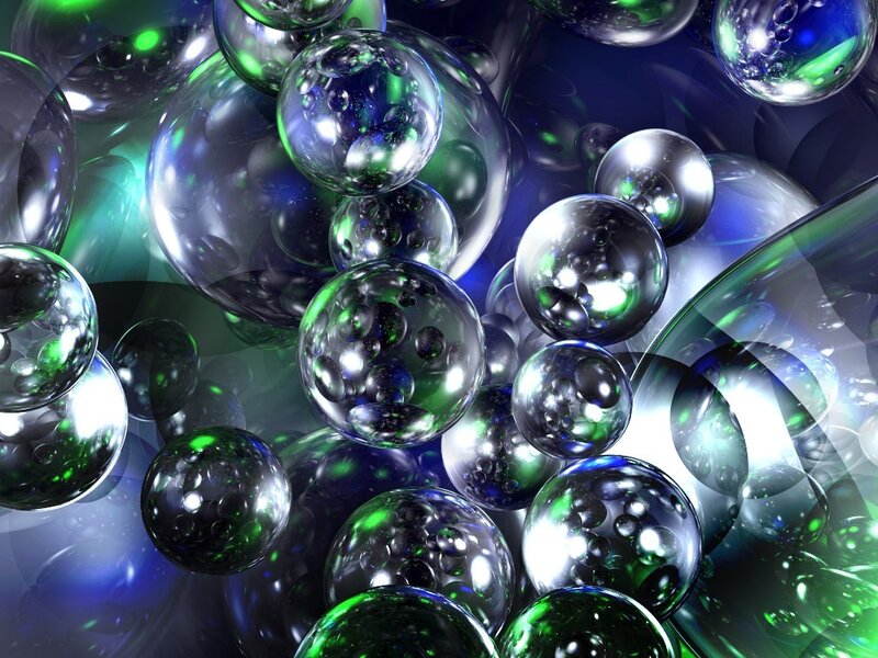 Abstract glass spheres with green and blue light