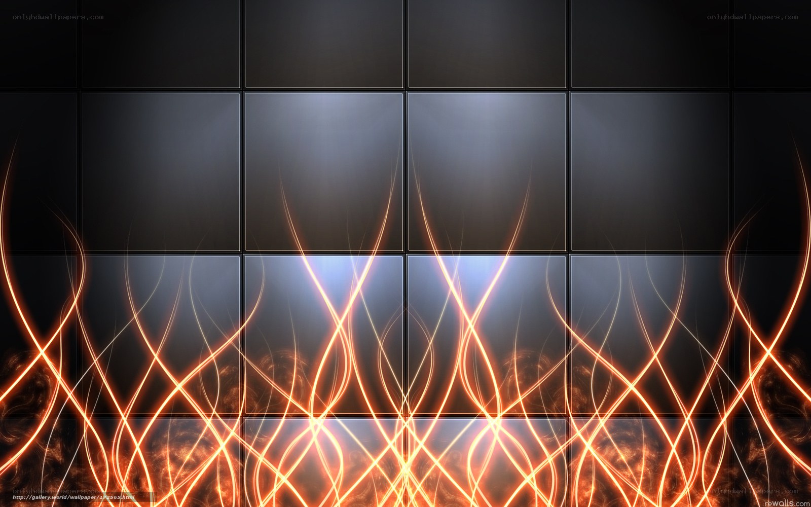 Abstract glowing lines on dark tiles