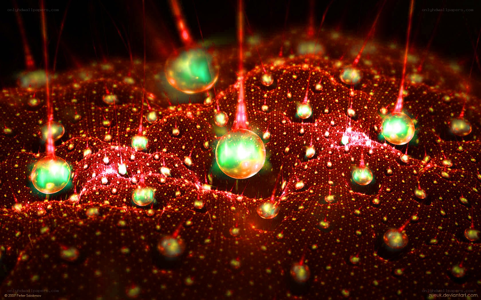 Abstract glowing spheres on red surface