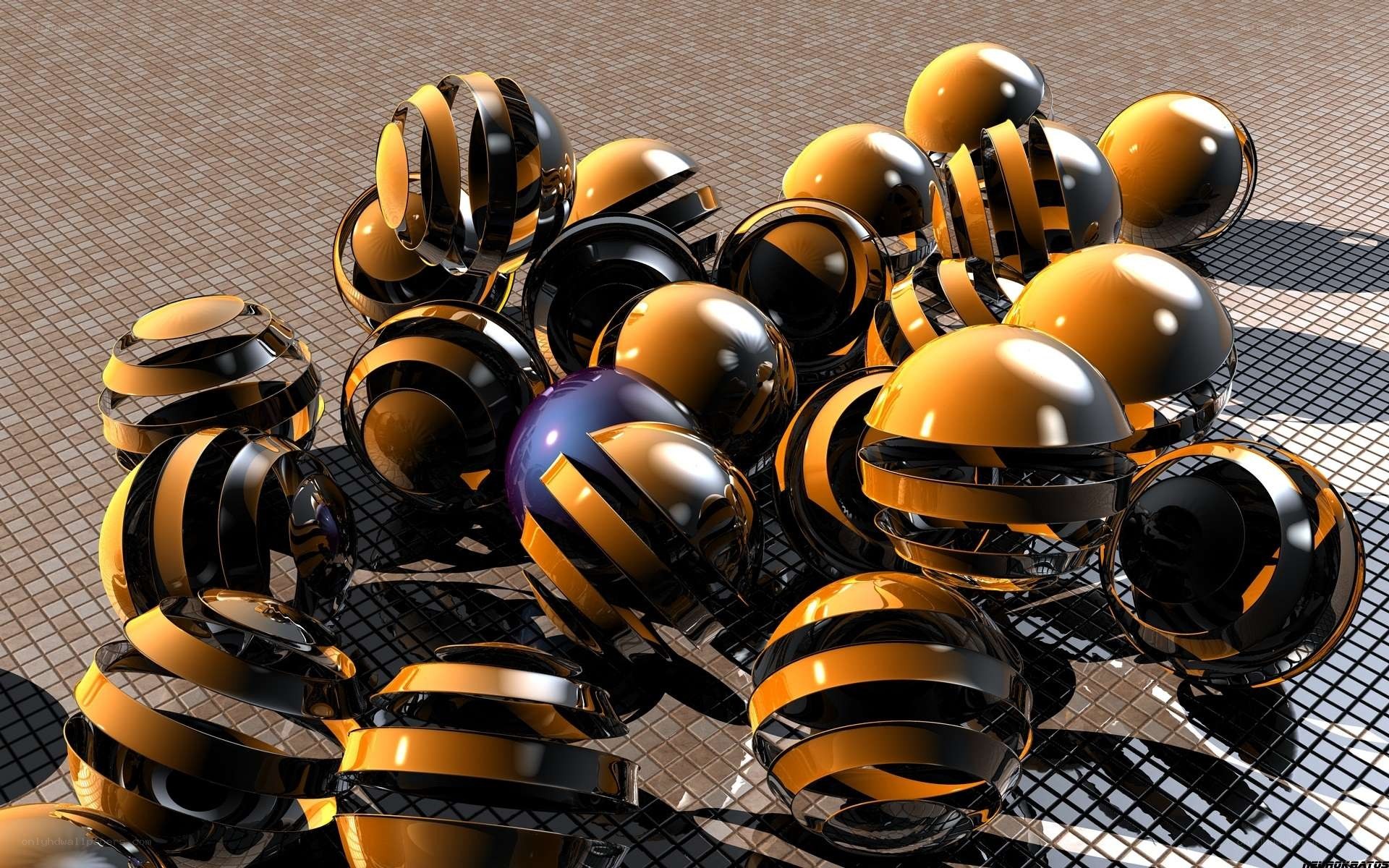 Abstract golden and black spheres