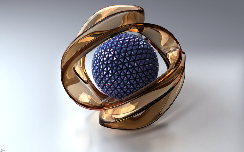 Abstract golden sculpture with blue sphere