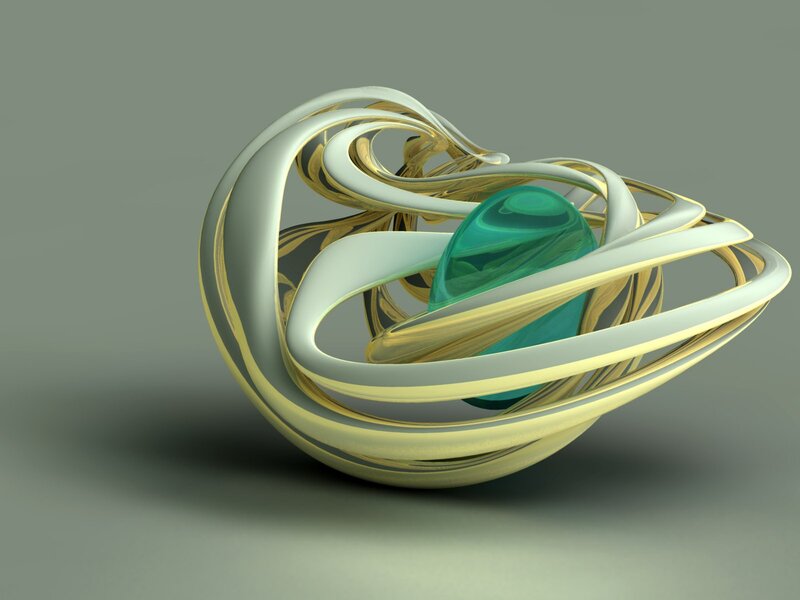 Abstract golden sculpture with green gem
