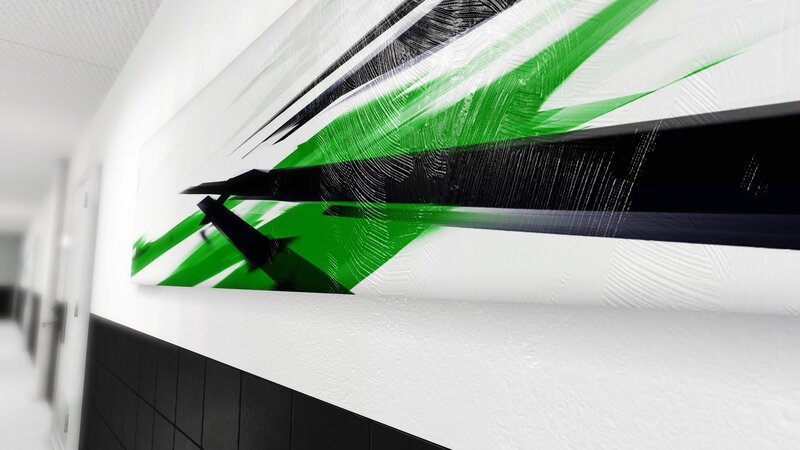 Abstract green and black art in hallway