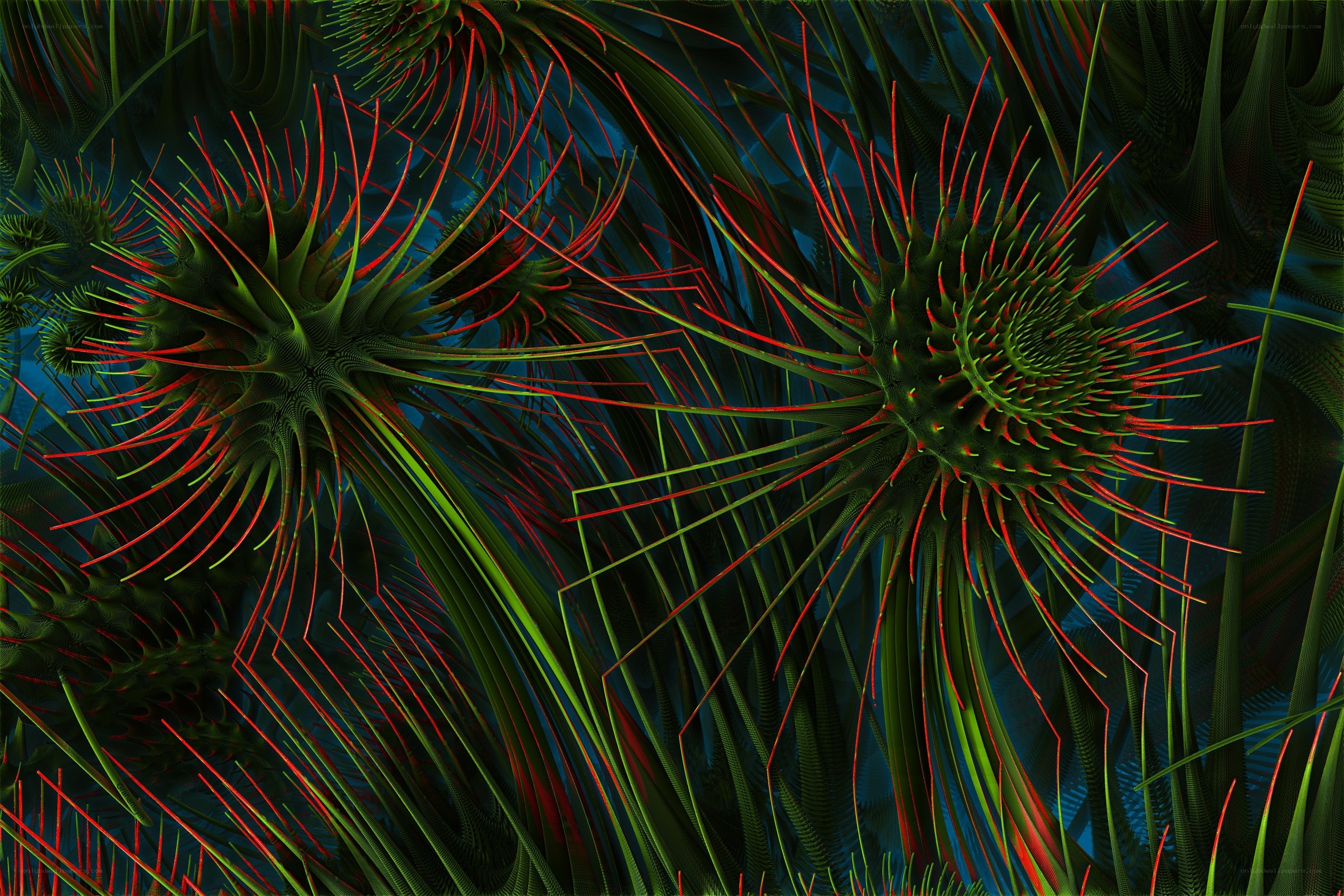 Abstract green and red fractal forms