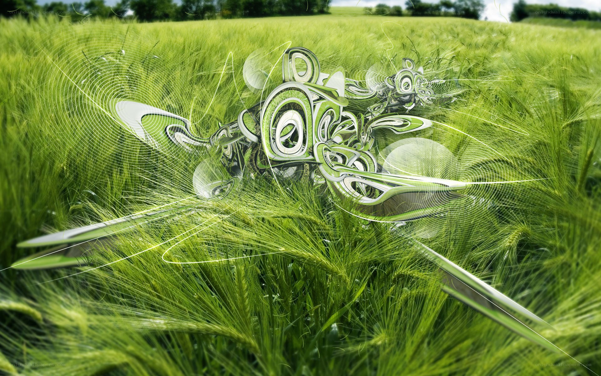 Abstract green sculpture in field