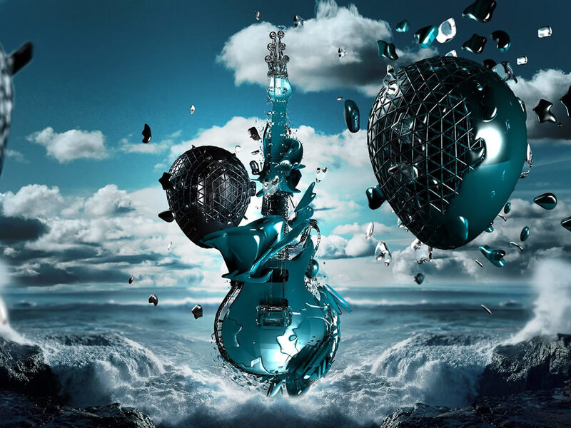 abstract guitar and spheres over ocean