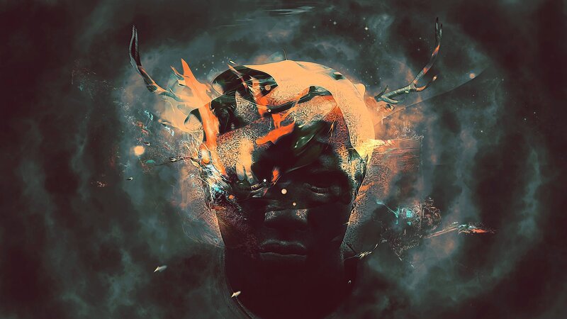 Abstract Head with Antlers — Black, Dramatic, Digital Art