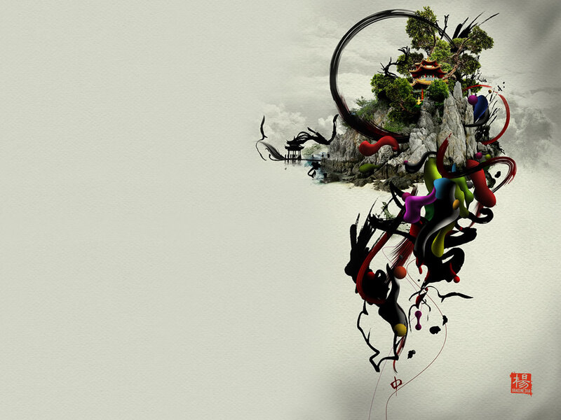 abstract island art with ink splashes