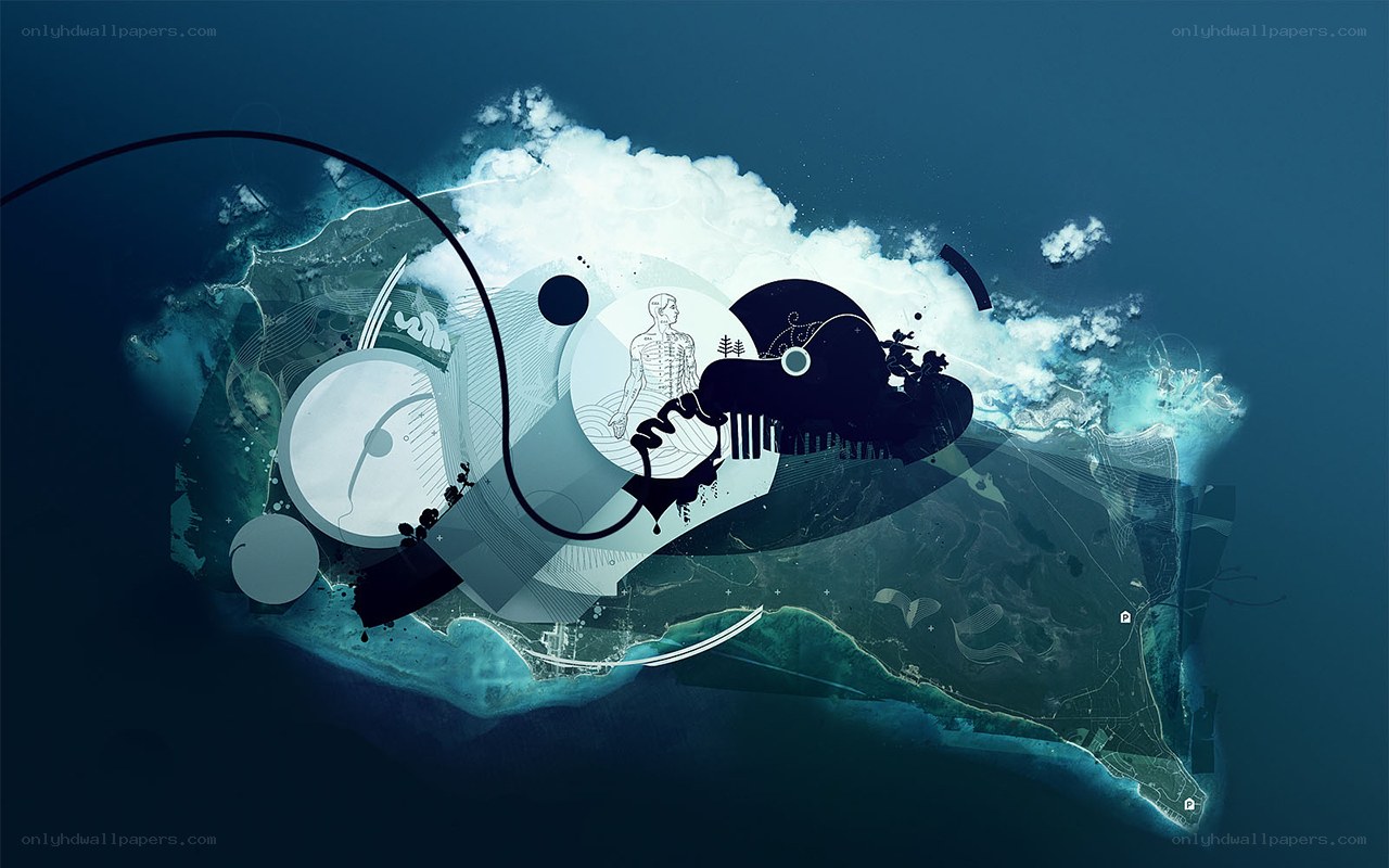 abstract island design with human figure