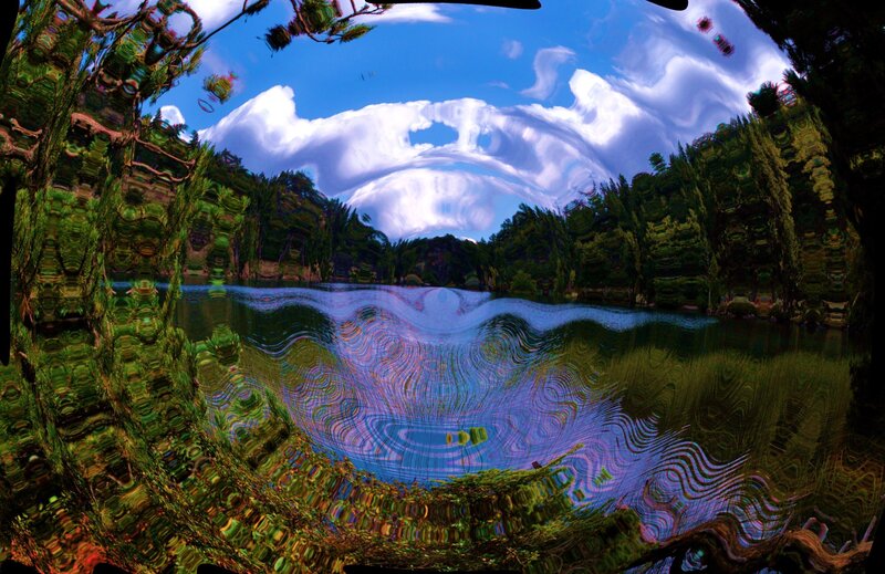 Abstract lake landscape with distorted reflection