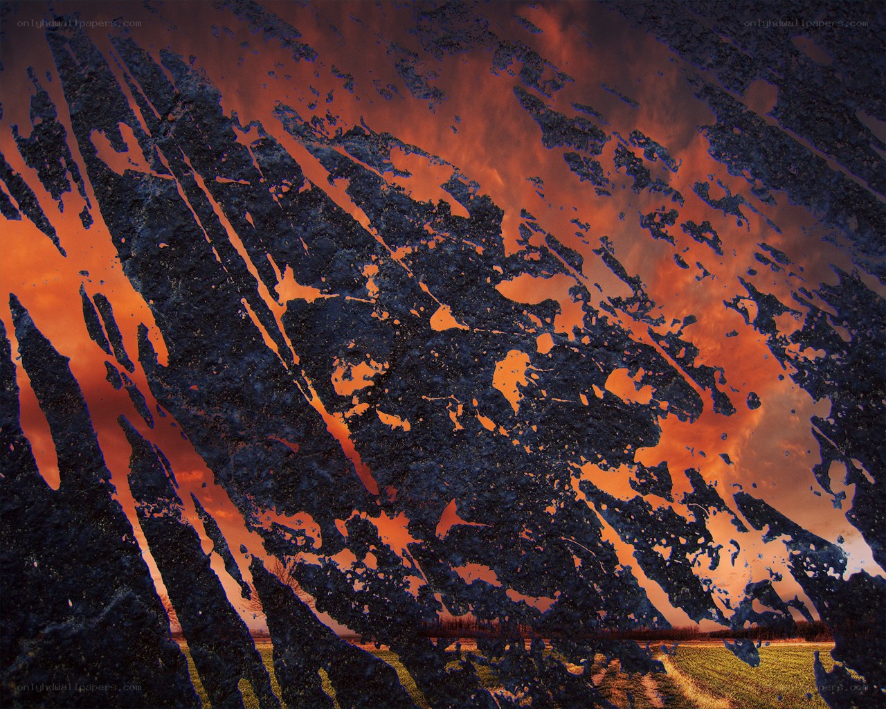 Abstract landscape with fiery sky