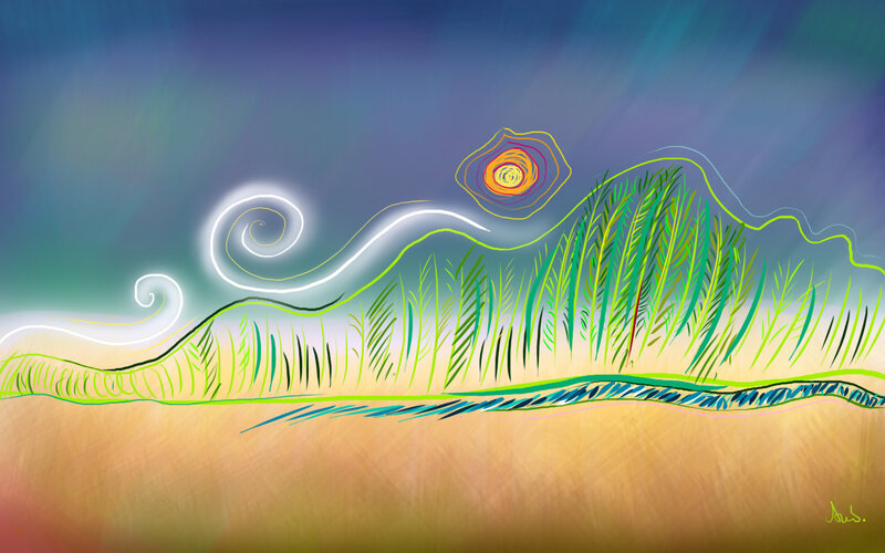 Abstract landscape with glowing sun