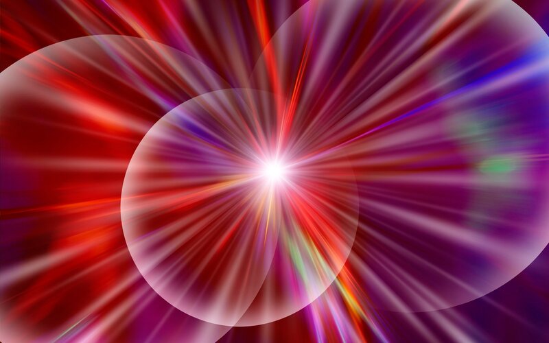 Abstract Light Burst — Red, Energetic, Digital Art, Light Rays, Circles, Purple