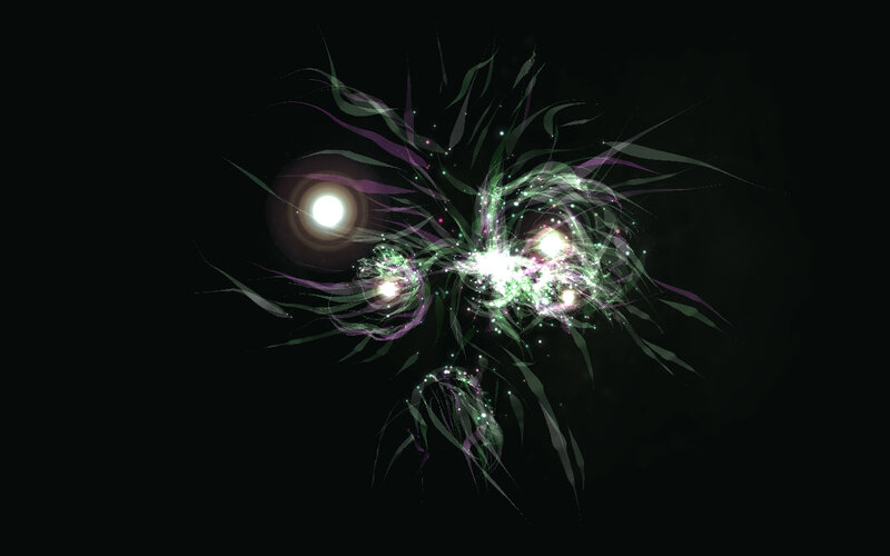 Abstract light burst with green and purple streaks