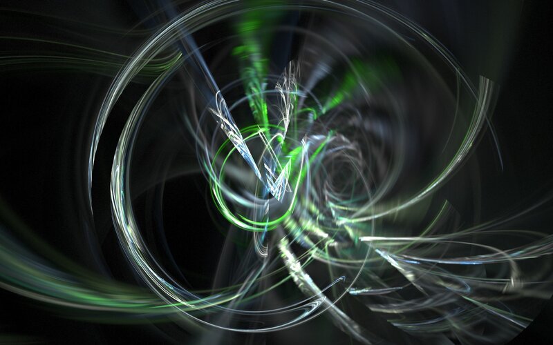 Abstract Light Swirls — Black, Dynamic, Digital Art, Light Trails, Circles, Green Lines