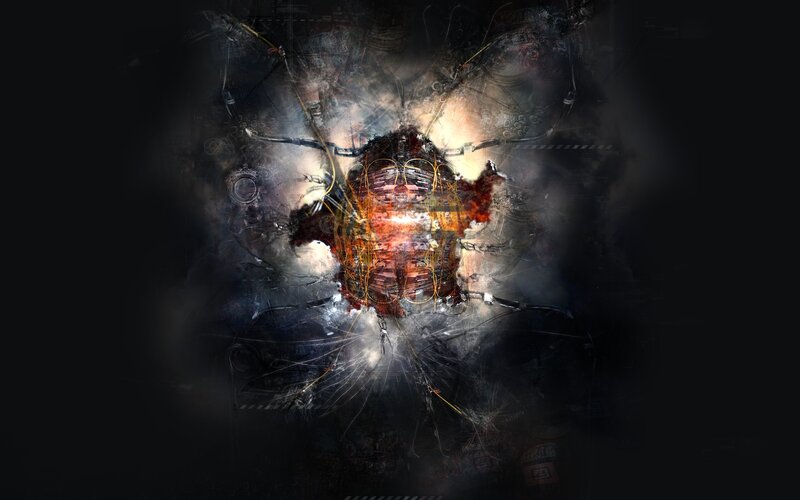 Abstract Mechanical Explosion — Black, Dramatic, Digital Art