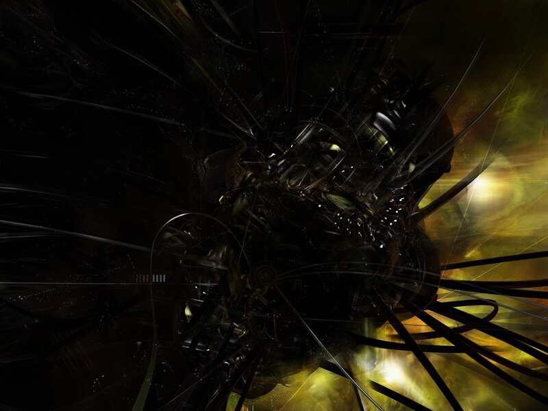 Abstract Mechanical Structure — Black, Dramatic, Digital Art, Mechanical Parts, Light Rays