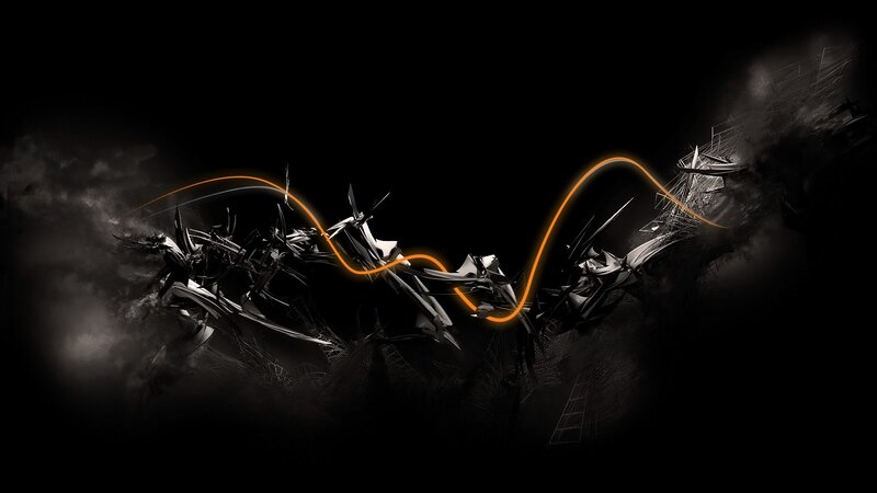 Abstract Mechanical Structure — Black, Dramatic, Digital Art, Orange Line
