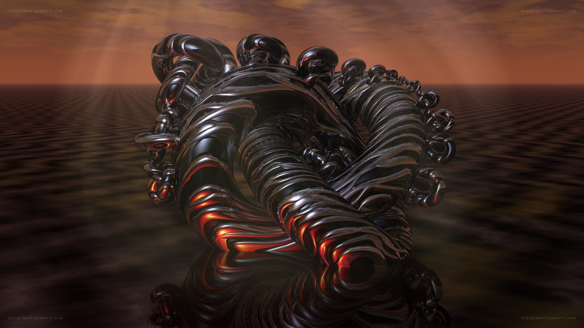 Abstract metallic sculpture on reflective surface