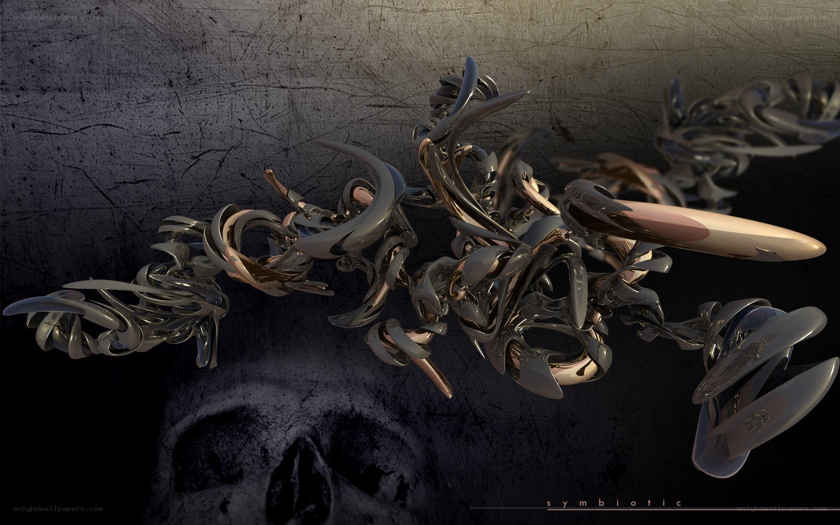 abstract metallic sculpture with skull