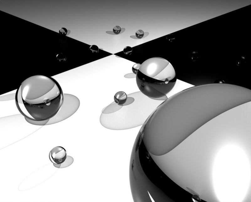 Abstract metallic spheres on checkered surface