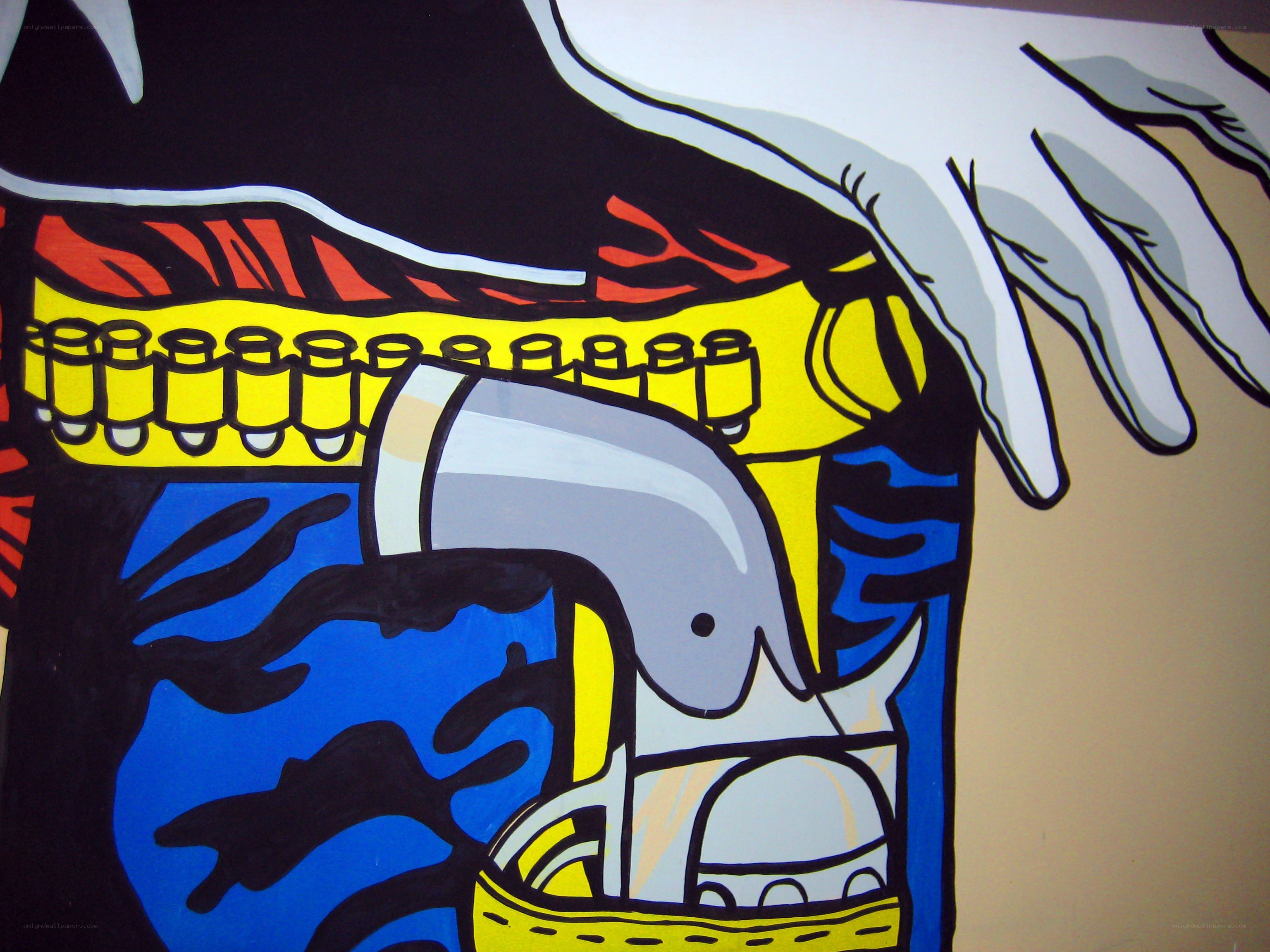 abstract mural with gun and hand