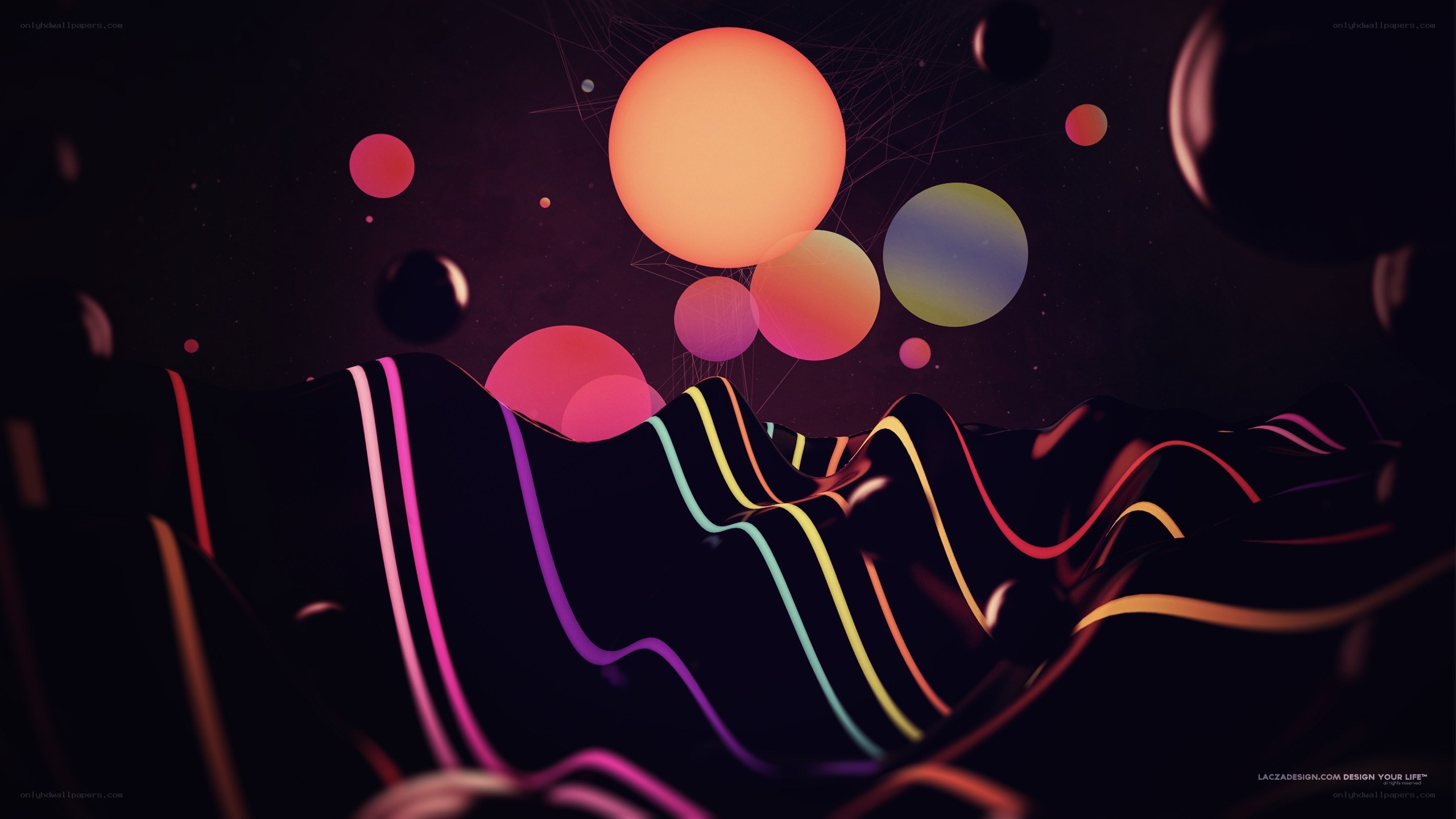 Abstract neon spheres and waves