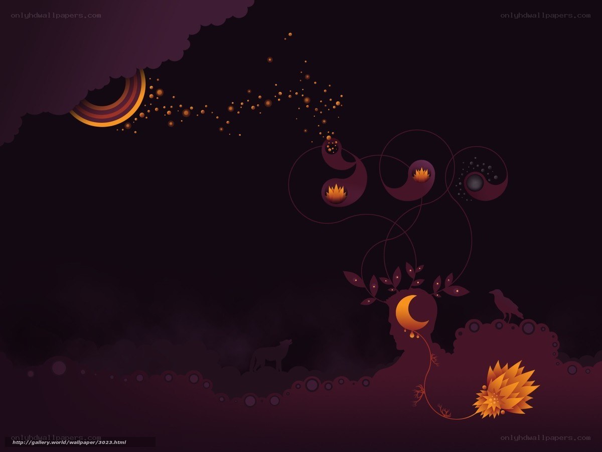 Abstract night scene with moon and flowers